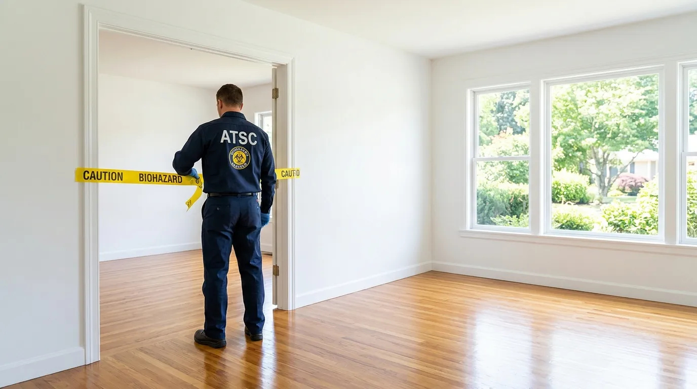 Certified biohazard cleanup crew performing Trauma Scene Cleanup in New Territory